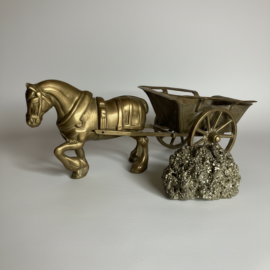 Vintage Messing-Pferd mit Wagen und Pyrit - Deko-Figur 43cm – Gesamtansicht