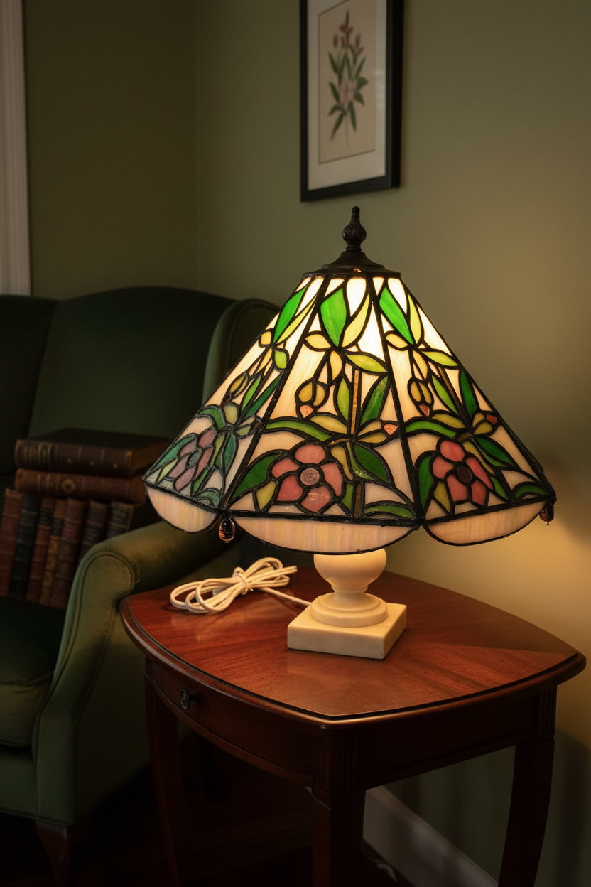 Tiffany-Lampe mit Marmorfuß, Buntglas – Detailansicht