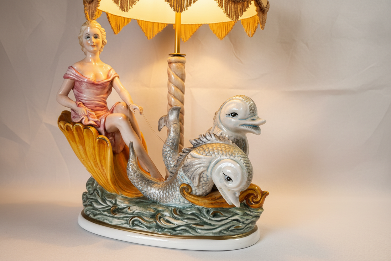 Vintage Porzellan-Tischlampe mit Delfinen und Frauenfigur – Weiß glasiert mit Stoffschirm – weitere Ansicht