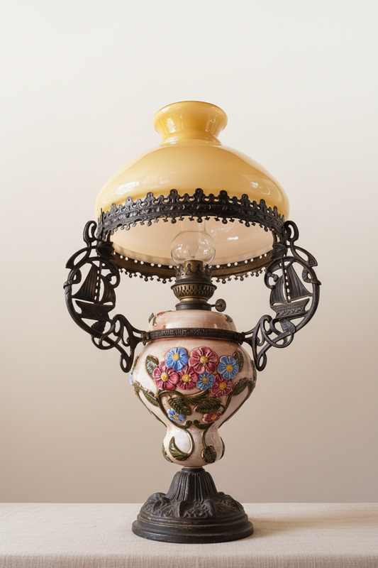 Vintage Petroleumlampe handgemalt – Rarität mit Messingfuß & Docht – Gesamtansicht