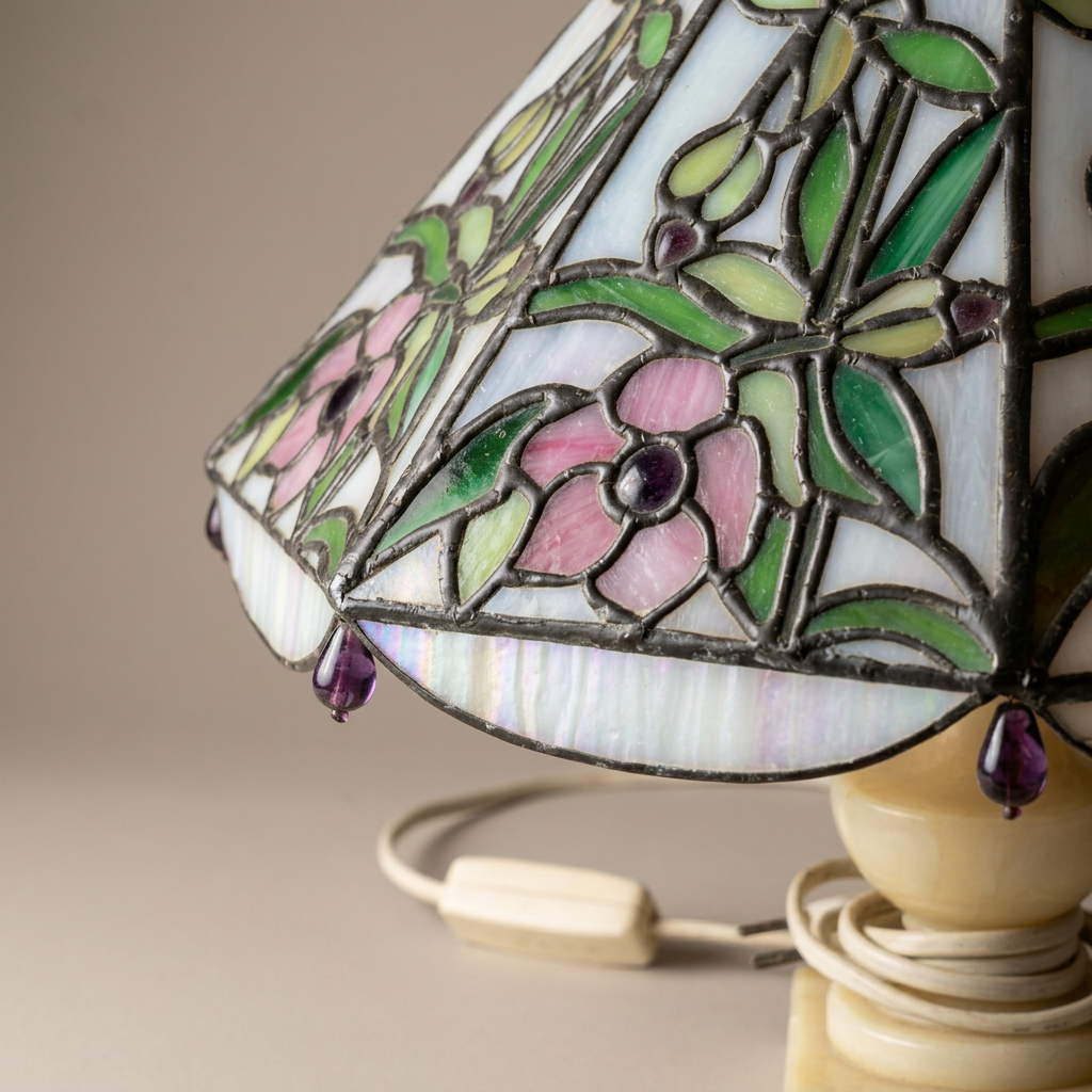 Lampada Tiffany con base in marmo, vetro colorato, 41 cm, stile Liberty