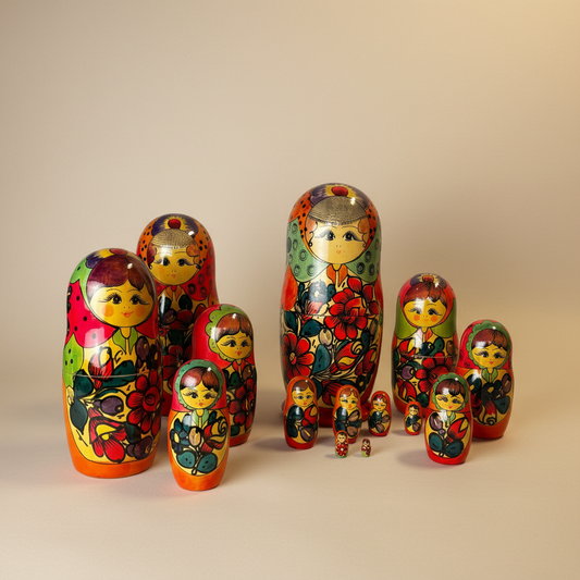 Matroschka Set Vintage 14-teilig – Russische Babuschka Puppen Rot-Grün – weitere Ansicht