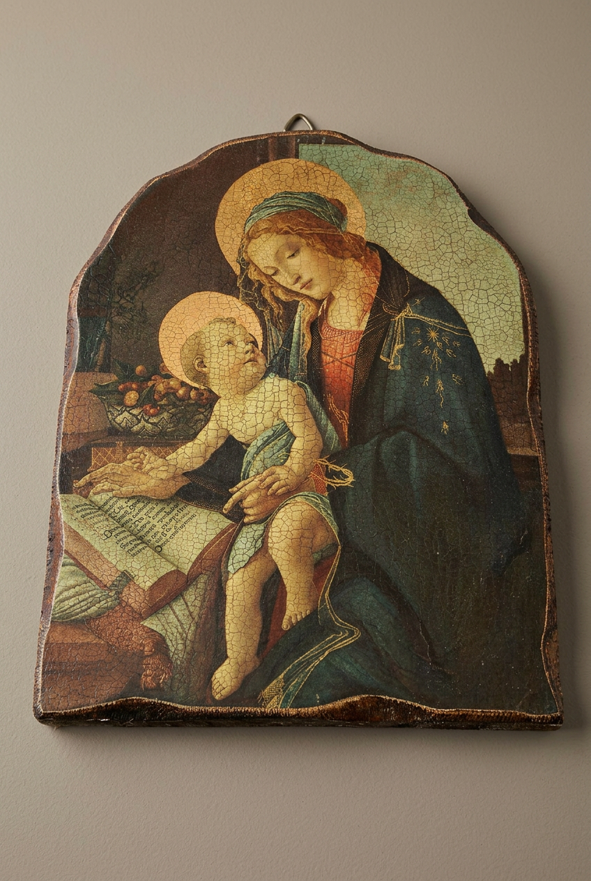 Icône en bois Madonna del Libro d’après Botticelli, craquelé, 40 cm