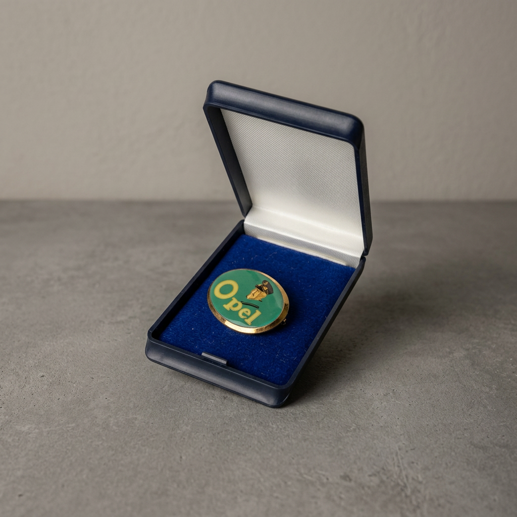 Vintage Opel broche met veiligheidsspeld, ovaal, groen-goud, met etui