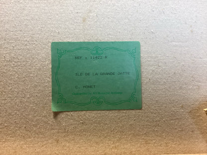 Rückseitiges Etikett mit Île de la Grande Jatte, C. Monet und Referenz 11422 R