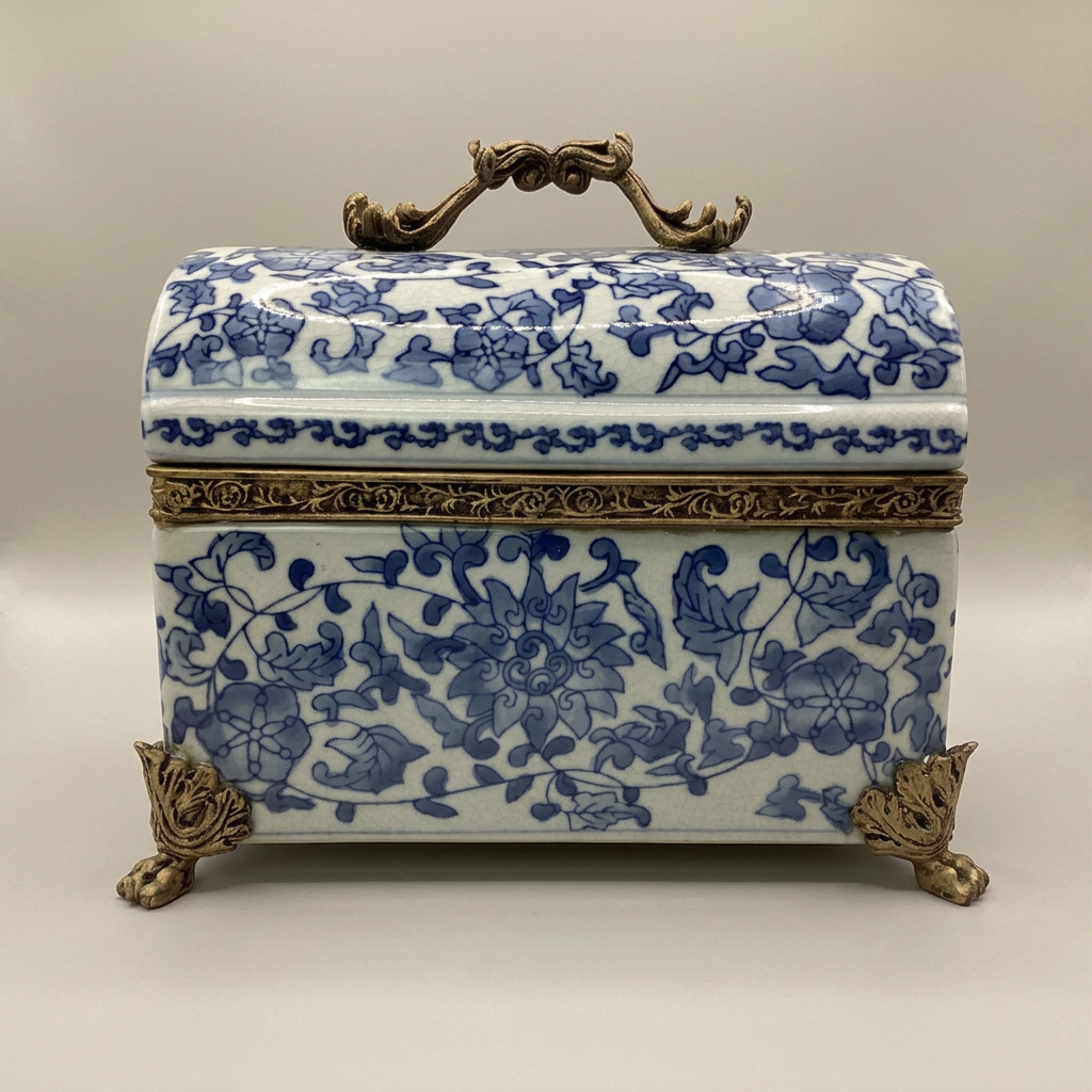 Neundorf ceramic trinket box, blue and white, brass fittings, 23 cm