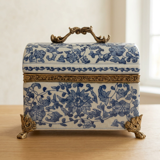 Neundorf Keramik-Schatulle, blau-weiß, Messingbeschläge, 23 cm – Wohnbeispiel