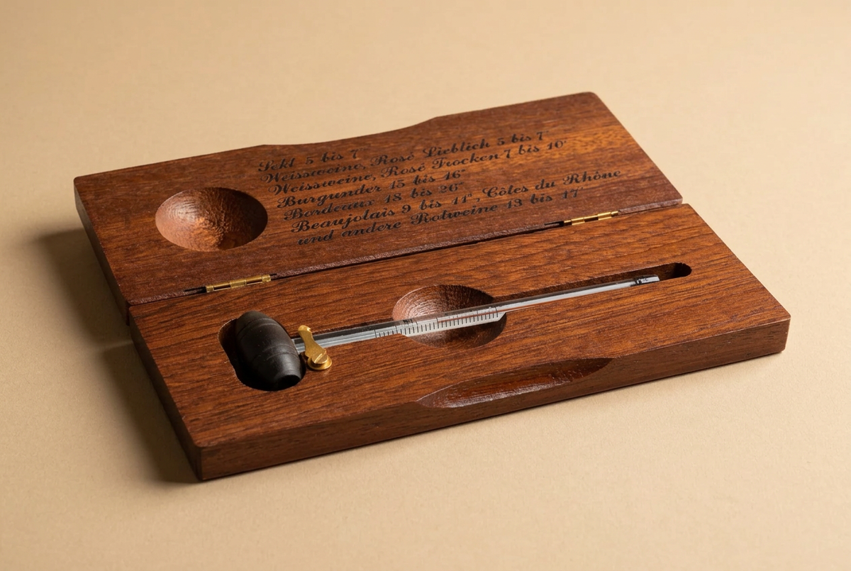 Thermomètre à vin vintage en coffret bois avec tableau des températures, 14 cm