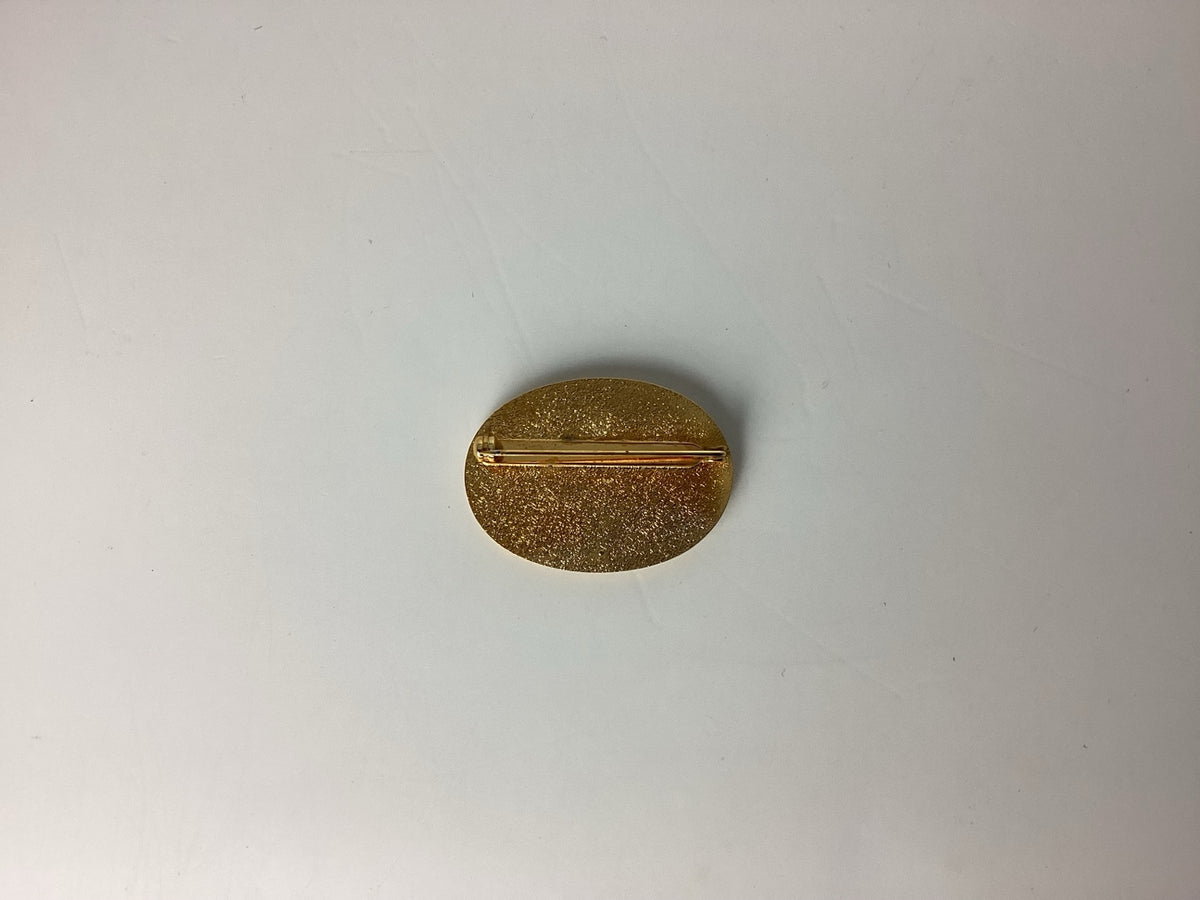 Vintage Opel broche met veiligheidsspeld, ovaal, groen-goud, met etui