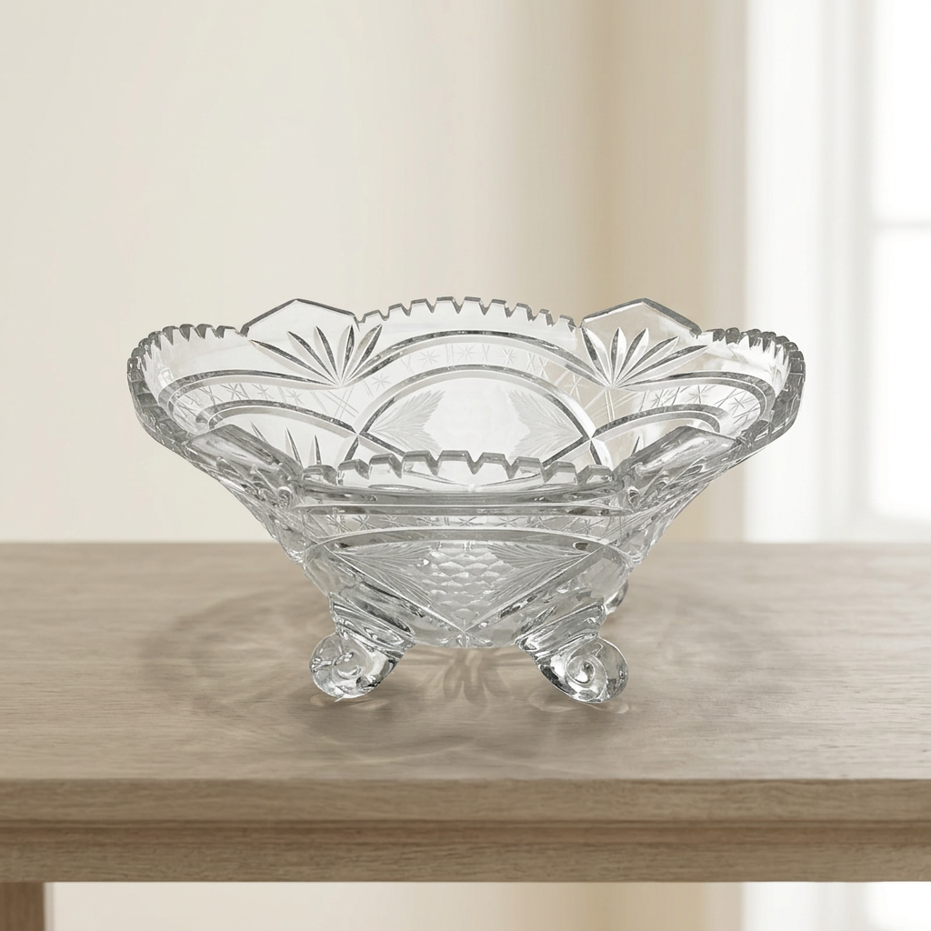 Ovale kristallen schaal op vier glazen poten, sterrenfacettering, 30 cm