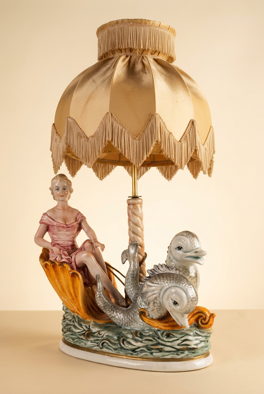 Porcelain table lamp with female figure and dolphins, white, 82 cm