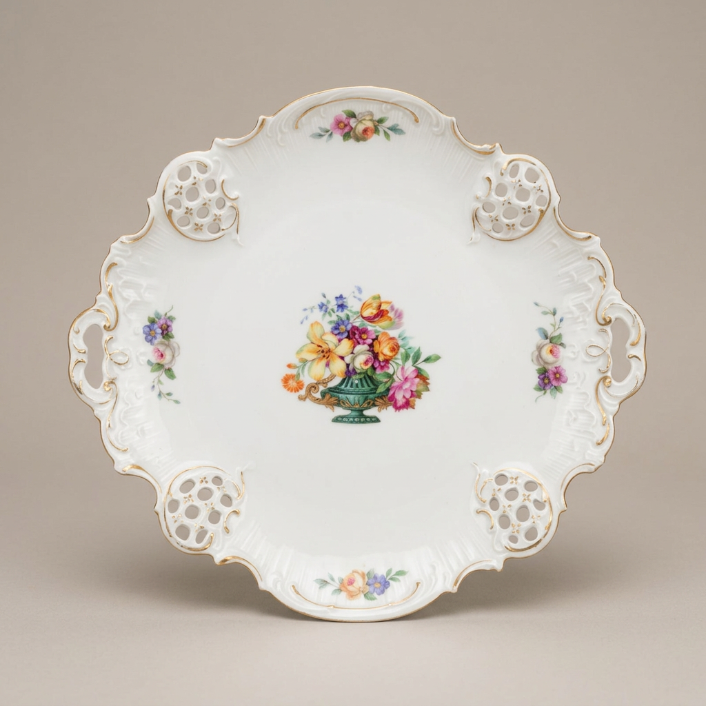 Rosenthal Molière Bavaria Durchbruchschale mit Blumendekor und Goldrand – freigestellte Gesamtansicht