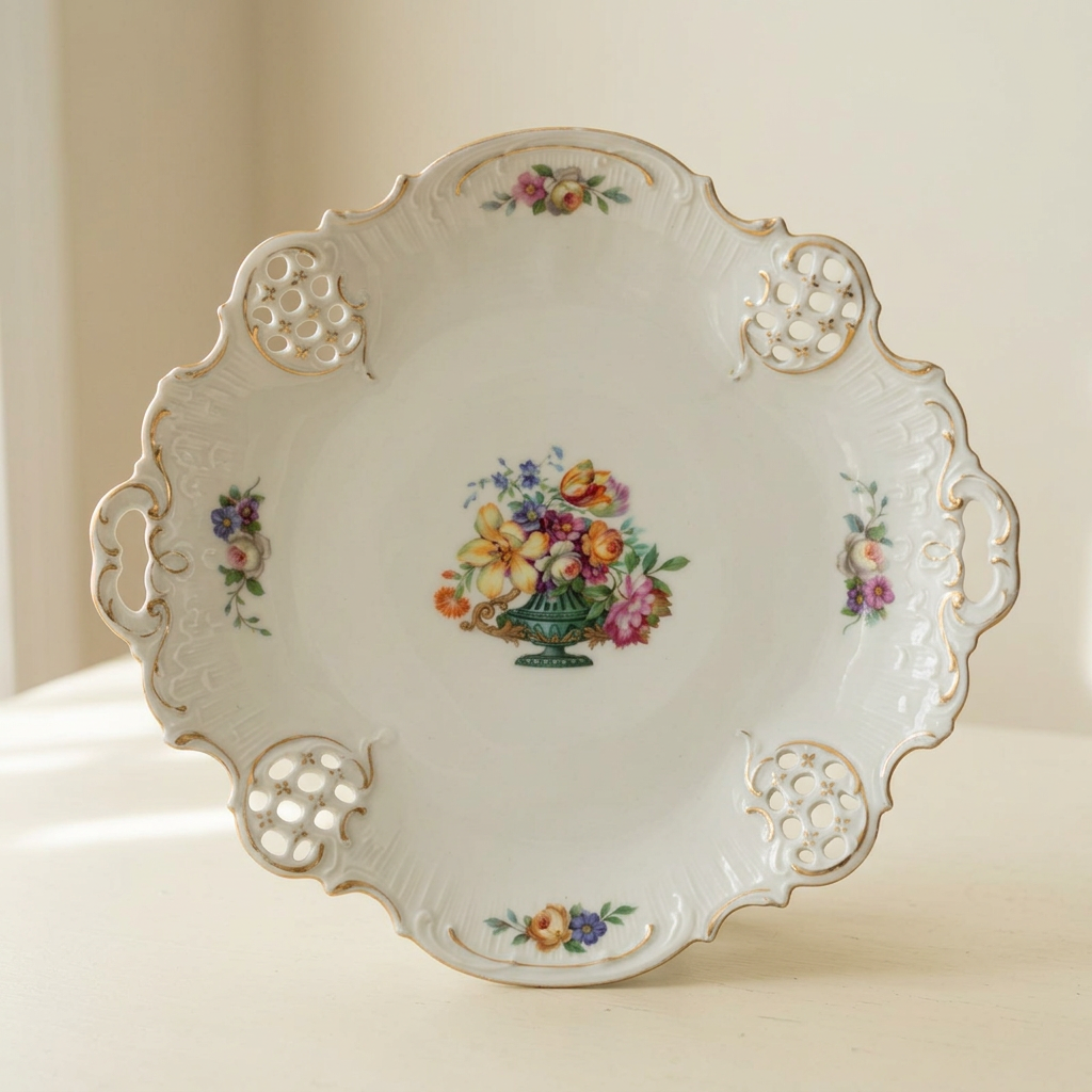 Rosenthal Molière Bavaria Durchbruchschale mit Blumendekor und Goldrand – Wohnbeispiel