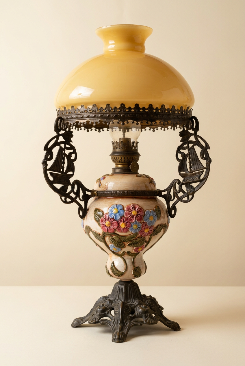 Lampada a petrolio con paralume in vetro dipinto a mano e base in ottone, 68 cm