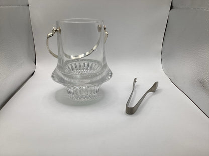 Vintage Glas-Eiskübel mit silberfarbenem Henkel und Eiszange, Gesamtansicht