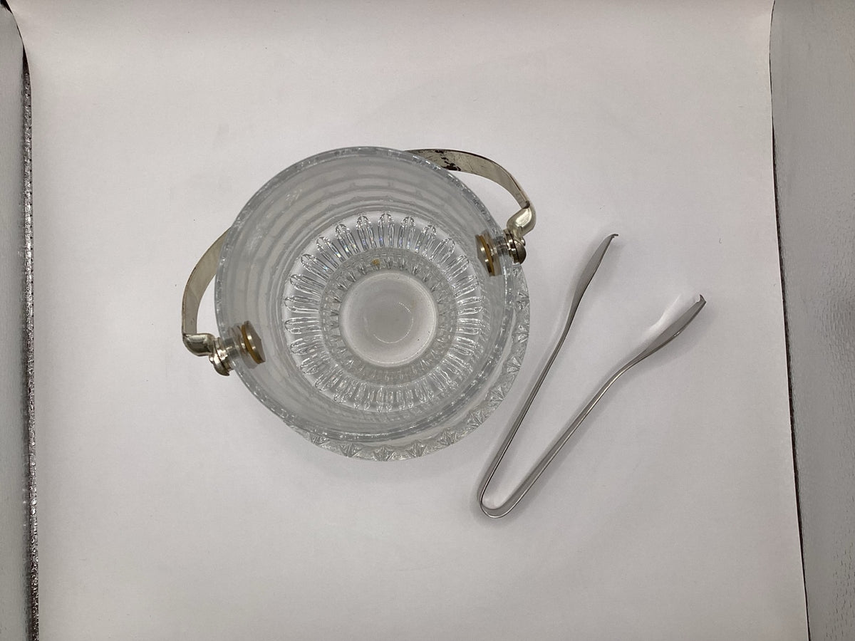 Vintage glass ice cube container with ice tongs and metal handle, 17 cm