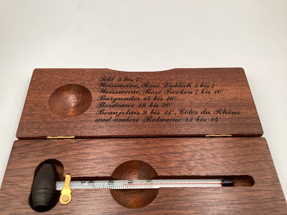 Thermomètre à vin vintage en coffret bois avec tableau des températures, 14 cm